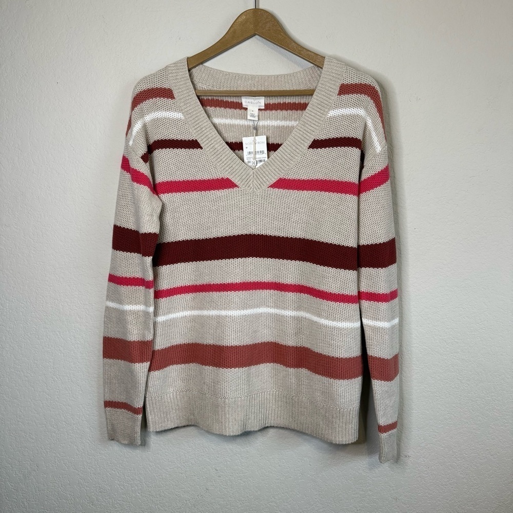 NWT Caslon Tan Pink Stripe V Neck Long Sleeve Knit Pullover Sweater Size Medium